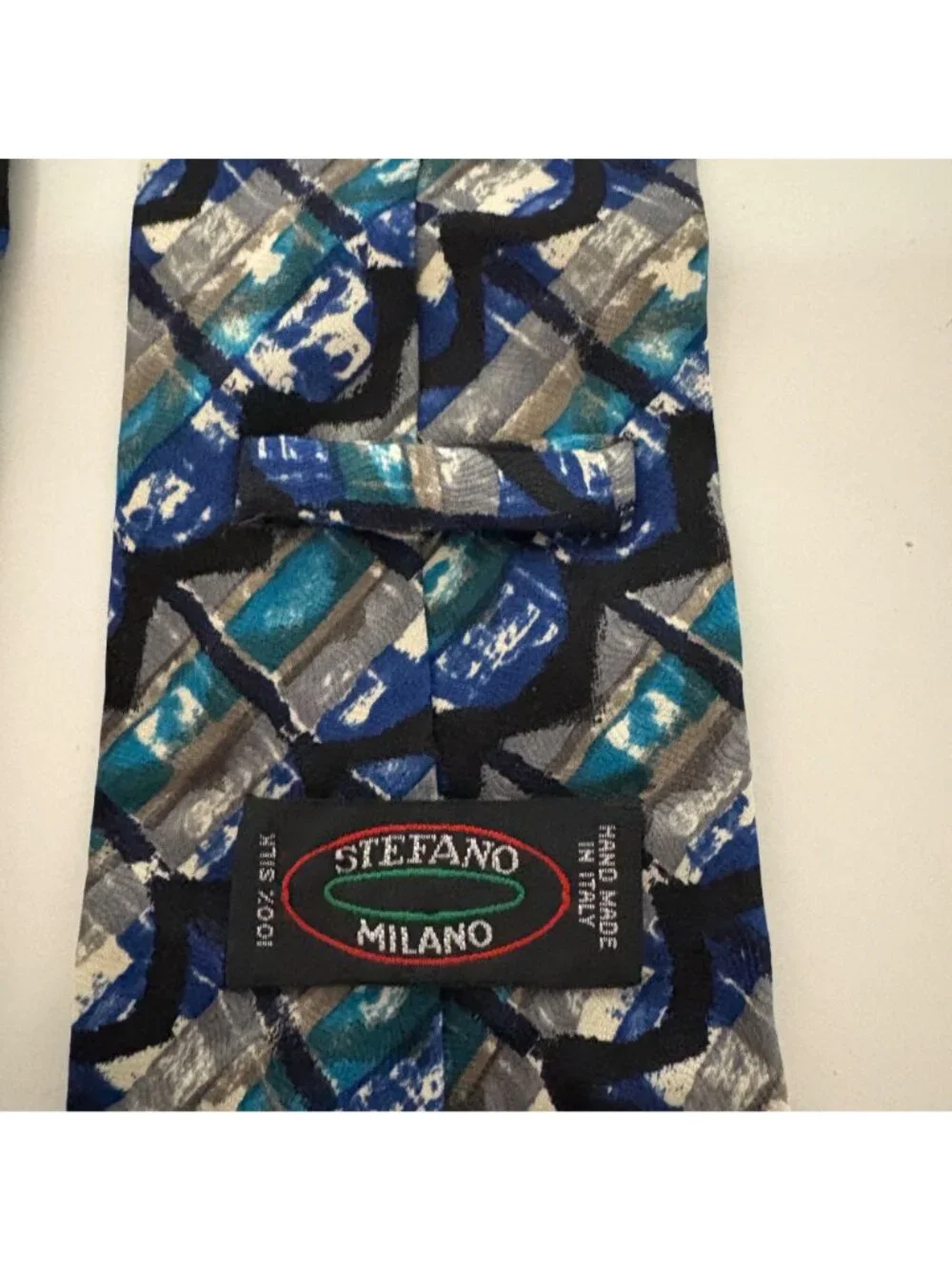 Stefano Milano Silk Tie Blue Teal Abstract Mens Necktie Handmade Italy Office